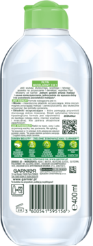 Tył butelki Garnier Płyn Micelarny 3w1 400ml do skóry normalnej, z etykietą i kodem kreskowym.