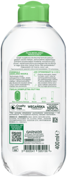 Garnier Płyn Micelarny Regenerujący 400ml, Wegańska Formuła, tył opakowania, przezroczysta butelka z zieloną nakrętką.