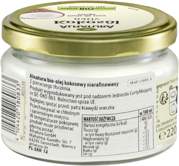 Tył szklanego słoika Alnatura z nierafinowanym bio-olejem kokosowym. Etykieta z polskim opisem i wartościami odżywczymi.