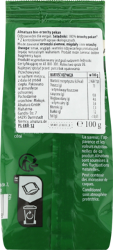 Tył zielonej torebki orzechów pekan Alnatura bio, etykieta z tekstem po polsku i francusku, symbol recyklingu.