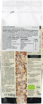 Tył opakowania Alnatura Musli Proteinowego 350g z tabelą wartości odżywczych, składnikami i certyfikatem BIO.