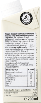 Tył białego kartonu Alnatura, roślinny krem owsiany, widoczne składniki, wartości odżywcze i 200 ml.