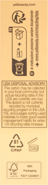 Tylna strona opakowania balsamu YSL Love Shine, z międzynarodowymi symbolami recyklingu i tekstem USA Disposal Advisory.
