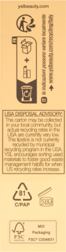 Tył opakowania szminki YSL. Instrukcje recyklingu, USA Disposal Advisory, symbol 81 C/PAP, 24M i logo FSC.