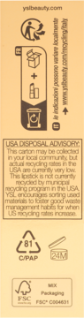Bok opakowania pomadki YSL Love Shine z ikonami recyklingu, tekstem USA DISPOSAL ADVISORY, kodem 81 C/PAP, FSC.