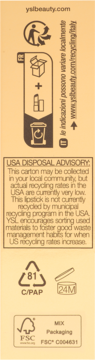 Recycling info for YSL Love Shine lipstick carton: disposal advisory, FSC logo, and paper recycling code C/PAP 81.