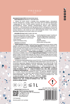 Tylna etykieta balsamu do naczyń FRESSO 1L, różowe tło. Opis pielęgnacji dłoni, składu i symbol ostrzegawczy.