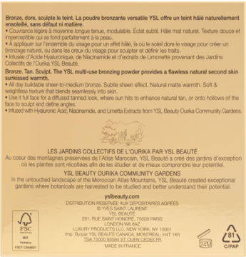 Tył opakowania bronzera YSL All Hours Hyper Bronze Buff Dune z informacjami i logo na brązowym tle.