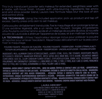 Opis i skład pudru Laura Mercier Translucent Pressed Powder Ultra-Blur na czarnym opakowaniu.