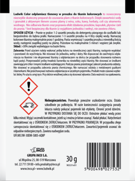 Tył saszetki Ludwik odplamiacz tlenowy do tkanin kolorowych, 30g. Widoczne ostrzeżenia i instrukcje po polsku.