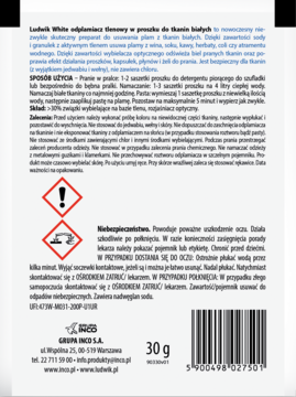 Tył białej saszetki odplamiacza tlenowego Ludwik White 30g do tkanin białych, z kodem kreskowym.