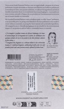 Tył białego opakowania perfum Essential Parfums z francusko-angielskim tekstem, kodem i geometrycznymi wzorami.