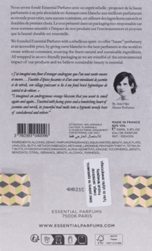 Tył opakowania perfum Essential Parfums Neroli Botanica z listą składników i tekstem reklamowym.