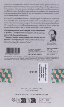 Tył opakowania perfum Patchouli Mania Essential Parfums, z informacjami o składzie i kontakcie, jasne tło.