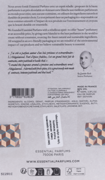 Tył opakowania perfum Essential Parfums Bois Imperial. Widoczny opis, długa lista składników, zdjęcie perfumiarza, kody, geometryczne wzory.