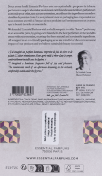 Tył opakowania perfum Essential Parfums Fig Infusion 100ml. Widoczna filozofia marki, składniki, kod kreskowy i wzór.