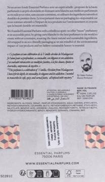Tył kartonowego opakowania perfum Essential Parfums, z listą składników, kodem, francuskim tekstem i geometrycznym wzorem.