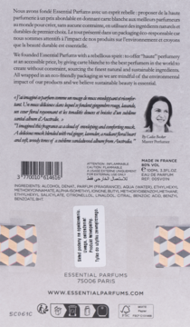 Tył białego kartonowego opakowania Essential Parfums, z listą składników, kodem kreskowym i danymi producenta.