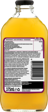Tył szklanej butelki z żółtym napojem 375ml, widoczna etykieta z fioletową ramką, składniki i kod kreskowy.