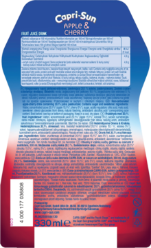 Tył niebiesko-czerwonej saszetki Capri-Sun Apple Cherry 330ml z etykietą składu i wartości odżywczych.