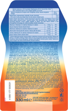 Tył butelki napoju wieloowocowego multiwitamina 330ml z białą etykietą, składem i kodem kreskowym.