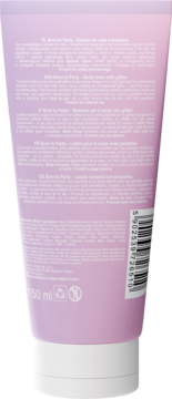 Tył różowej tubki balsamu do ciała z brokatem, 150 ml. Widoczny kod kreskowy, skład i instrukcje.