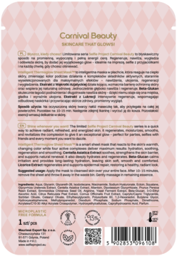 Tył różowego opakowania Selfie Project Intelingent ThermoGlow Mask, maseczki w płachcie zmieniającej kolor, z tekstem PL/EN.