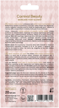 Tył różowo-złotego opakowania plastrów na pryszcze Carnival Stars, widoczny skład i instrukcje.