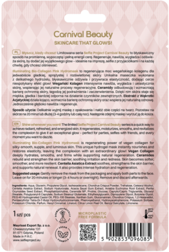 Tył różowego opakowania hydrożelowej maski Selfie Project Illuminating Bio-Collagen, widoczne opisy i kod kreskowy.