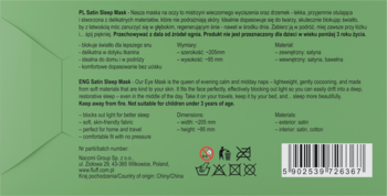 Tył zielonego opakowania opaski na oczy (Sleep Mask) z białym tekstem, wymiarami i instrukcjami pielęgnacji.