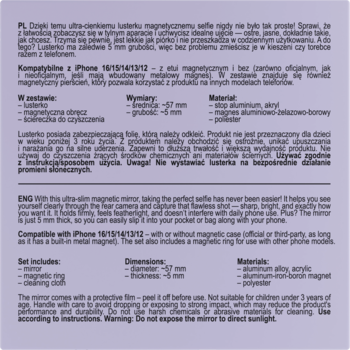 Dwa bloki tekstu, polski i angielski, z opisem ultrasmukłego magnetycznego lusterka, na fioletowym tle.