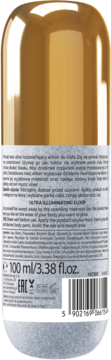 Tył złotego flakonu Ultra Illuminating Elixir 100 ml, z czytelną etykietą, kodem kreskowym i składem.