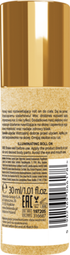 Tył złotej butelki Bielenda Illuminating Roll On 30ml. Widoczne informacje o produkcie i kod kreskowy na beżowej etykiecie.