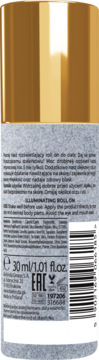 Tył opakowania rozświetlającego roll-onu 30ml z złotą nakrętką, widok z instrukcjami i kodem kreskowym.