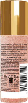Iluminujący roll-on do ciała, tył opakowania 30ml, w pudrowo-różowej butelce ze złotym detalem, z kodem kreskowym.
