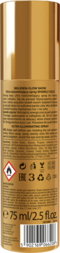 Złoty spray rozświetlający do ciała i twarzy Bielenda Glow Show 75ml, widok z tyłu z opisem.