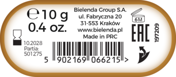 Biała etykieta produktu Bielenda z danymi producenta, wagą 10g/0.4oz, kodem kreskowym i datą ważności 10.2028.