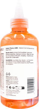 Tył pomarańczowej butelki toniku Carbon Theory LABS z 1% kwasem glikolowym, widoczne składniki i kod kreskowy.