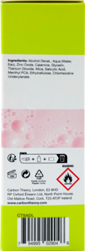 Tył opakowania lotionu Carbon Theory Supacylic Hypa Dry z kwasem salicylowym, składnikami, symbolami i kodem kreskowym.