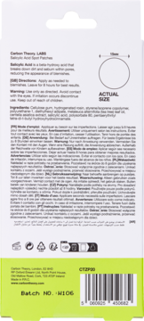 Tył opakowania Carbon Theory Salicylic Acid Spot Patches z listą składników, instrukcją i rozmiarem 15mm.
