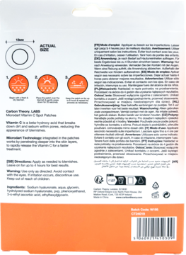 Tył pomarańczowo-białego opakowania plastrów Carbon Theory SupaVIT-C na wypryski, z mikroigłami, widoczne instrukcje i skład.