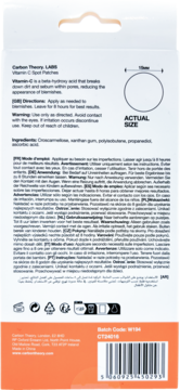 Tył białego opakowania Carbon Theory Vitamin C Spot Patches z listą składników, instrukcjami i kodem kreskowym.
