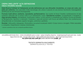 Wizualny opis kremu wyszczuplającego Collistar: zielony baner, biały tekst, detale, testowany dermatologicznie.