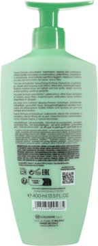 Tył jasnozielonej butelki żelu antycellulitowego Collistar Crio-Gel z pompką, z etykietami, kodem QR i kreskowym.