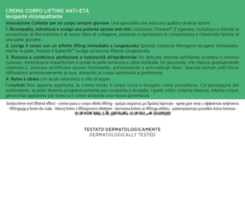Ulotka kremu Collistar Lift HD Corpo, tekst po włosku o działaniu liftingującym i ujędrniającym.