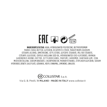 Tył etykiety Collistar Sublime Melting Cream, z pełną listą składników INCI i informacjami producenta.