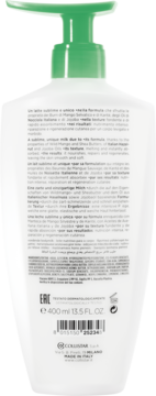 Tył białej butelki Collistar Sublime Melting Milk 400ml z zieloną pompką. Widoczny opis produktu, składniki i kod EAN.