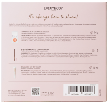 Tył różowego zestawu kosmetyków EVERYBODY LONDON z topperem, konturówką, balsamem do ust i opisami produktów.