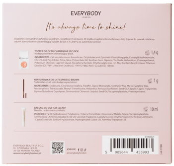 Tył różowego opakowania zestawu Everybody London x Alexandra Sosfa z informacjami o produktach i składnikami.