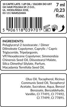 Etykieta olejku do ust Tuli Labs Caffe Latte z listą składników, kodem kreskowym i adresem producenta.